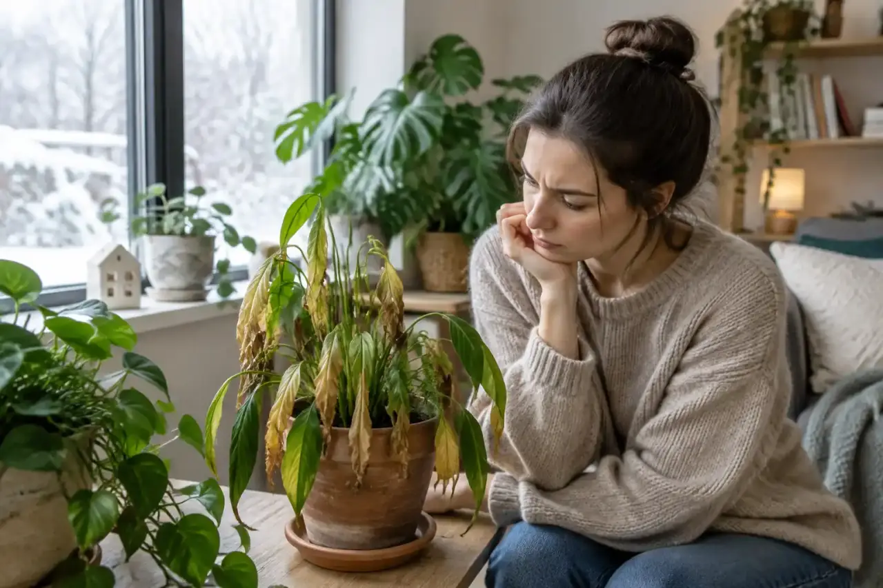 Plantes d'intérieur dans un salon lumineux en hiver, près d'une fenêtre