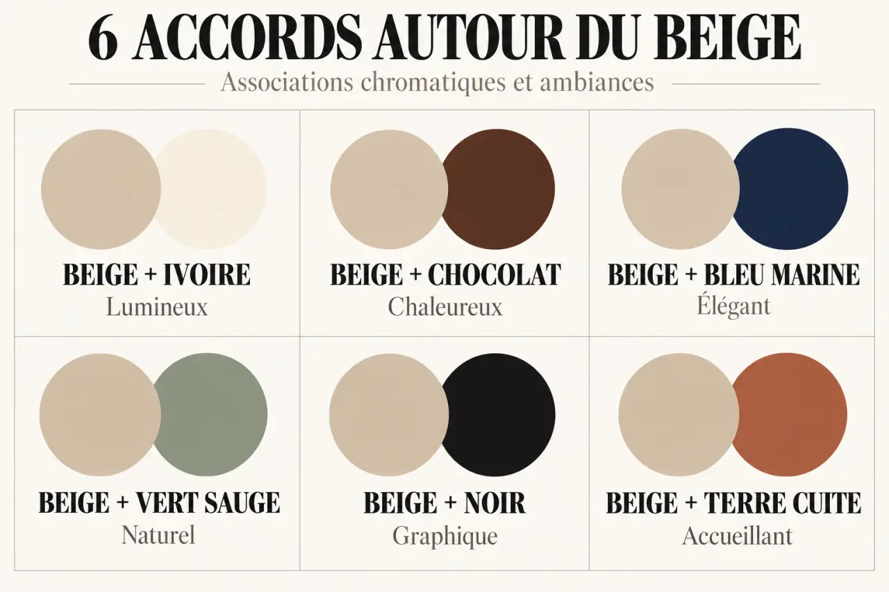 Couleur qui vas avec le beige : palettes avec blanc, marron, bleu marine, vert sauge, terracotta et noir