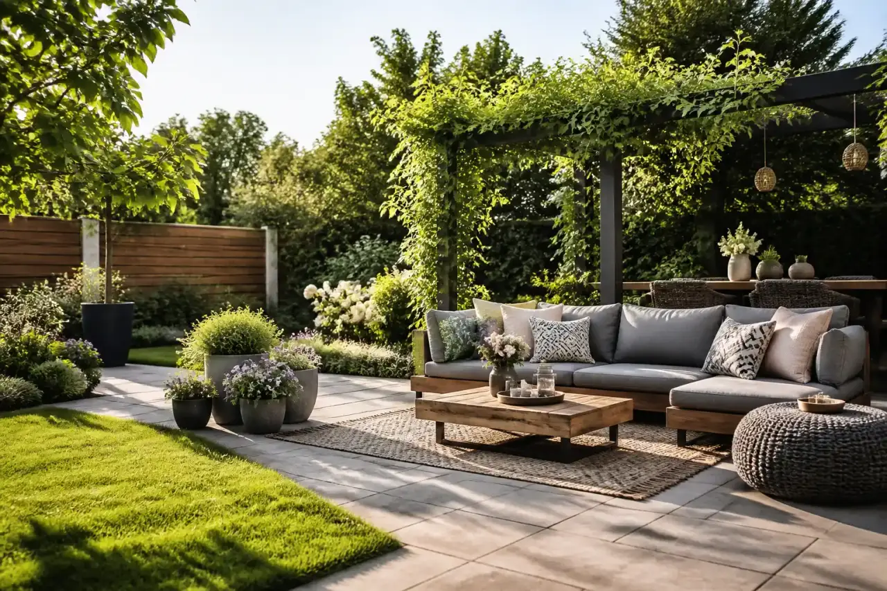 Intérieur biophilique ouvert sur un jardin en U
