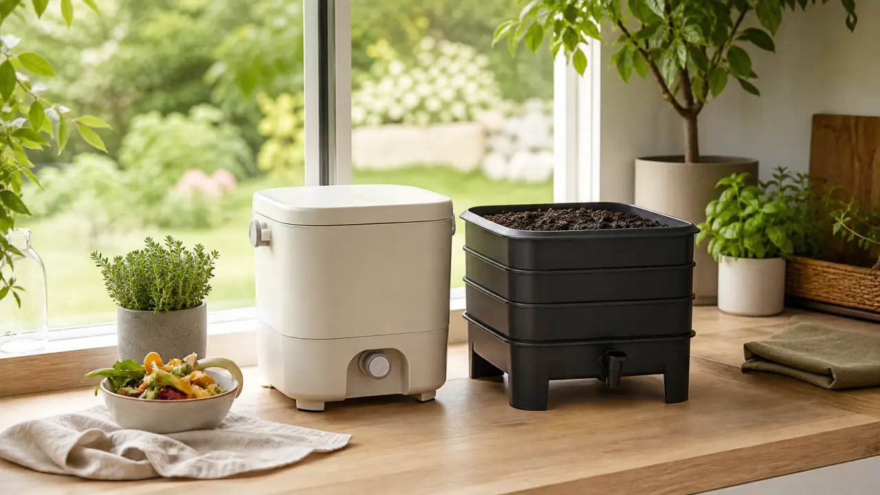 Illustration éditoriale d'un espace cuisine-jardin chaleureux autour du compost domestique