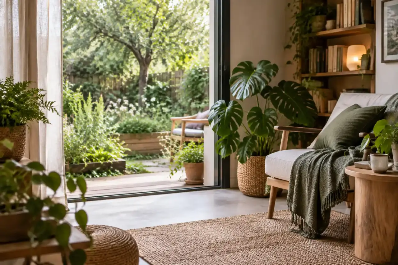 Entrée chaleureuse décorée de plantes et de matières naturelles