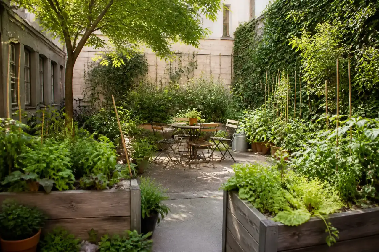 Cour ombragée transformée en jardin comestible avec feuillages, bois brut et assises chaleureuses