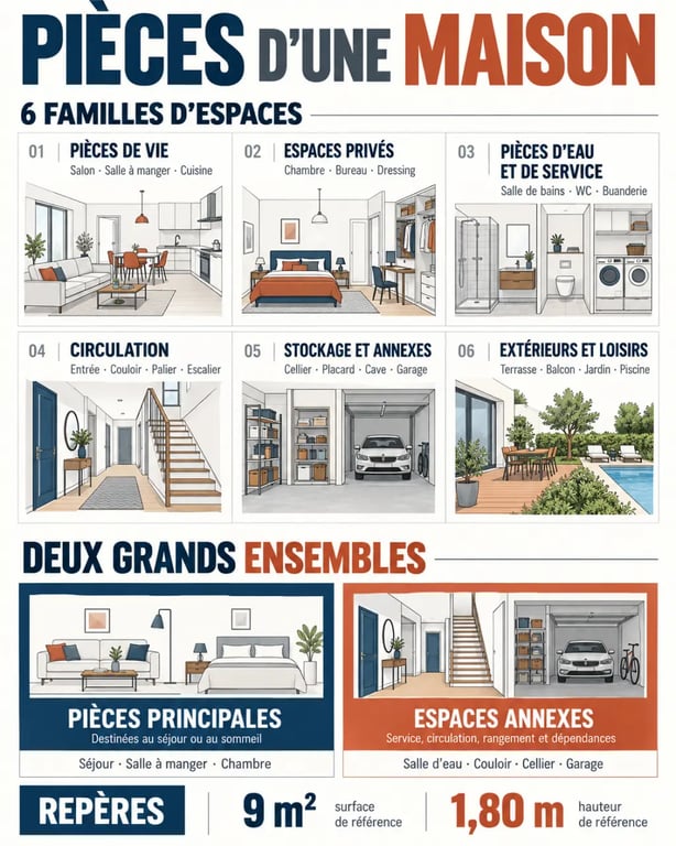 Infographie des pièces d'une maison et des règles de comptage des pièces principales