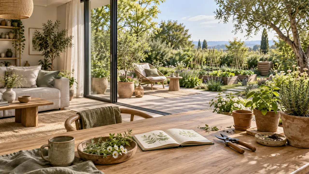 Salon chaleureux ouvert sur un jardin verdoyant, avec plantes d'intérieur, bois brut et lumière naturelle