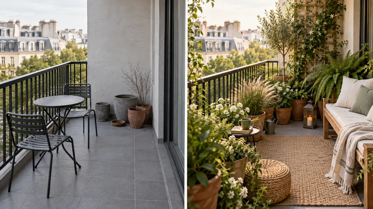 Balcon transformé en refuge végétal avec plantes, bois et mobilier naturel
