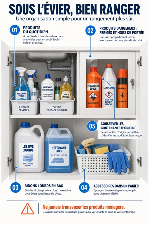 Infographie pour ranger produits ménagers sous l'évier en toute sécurité