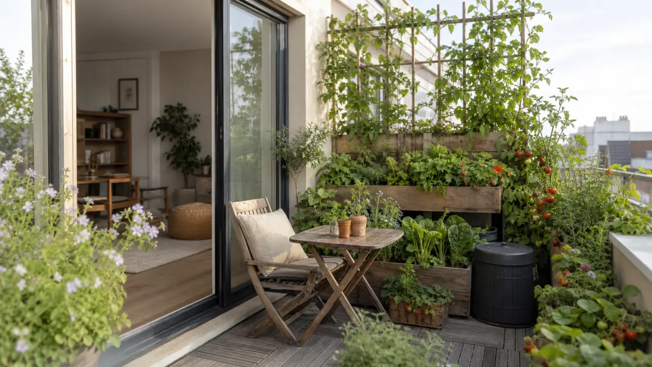 Balcon-jardin lumineux aménagé en permaculture avec plantes en pots, herbes aromatiques et atmosphère naturelle