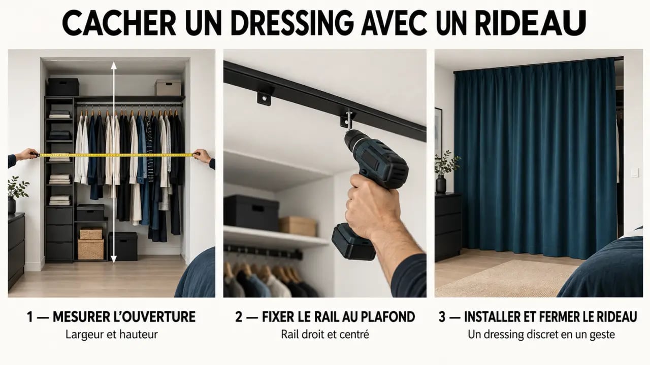 Comment cacher un dressing avec un rideau opaque et un rail au plafond