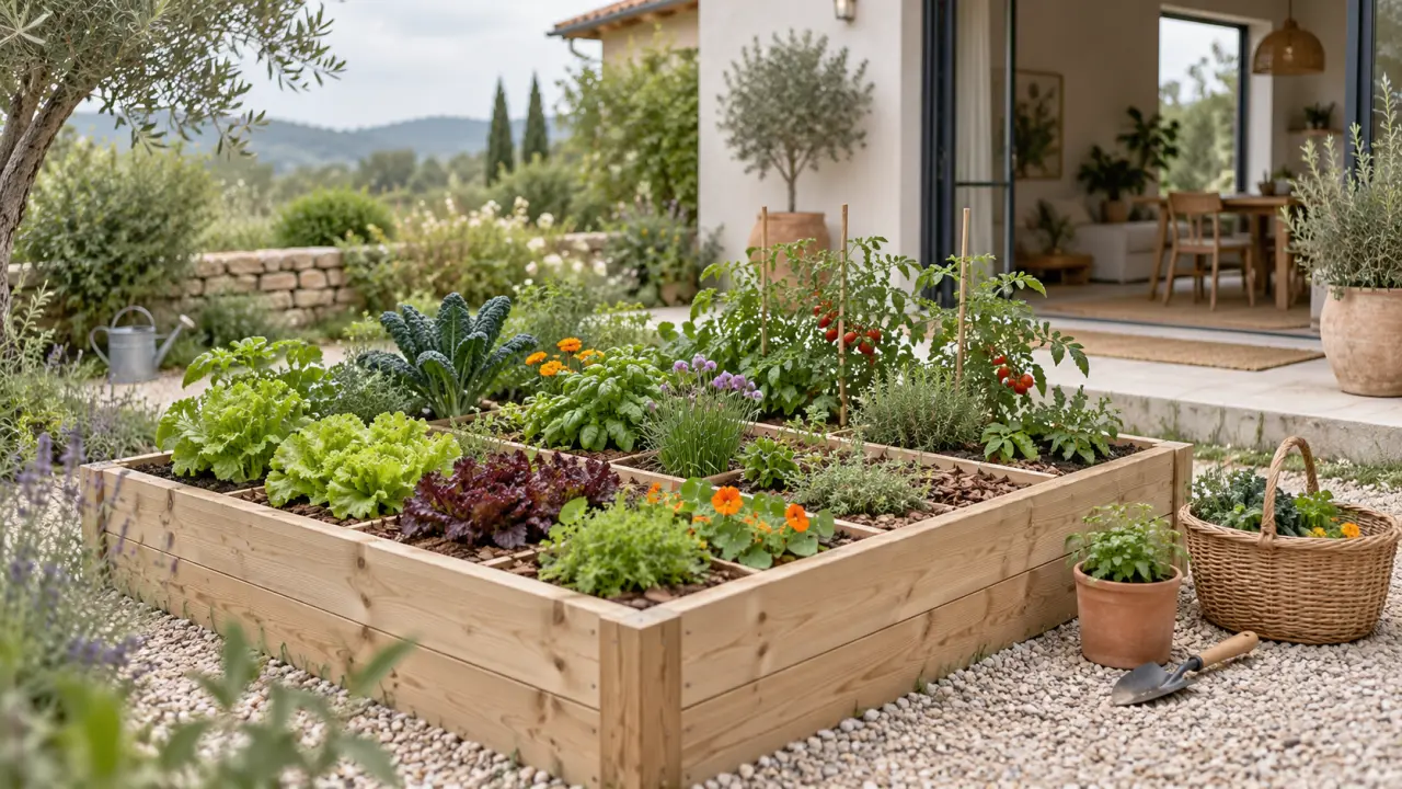 Carré potager en permaculture avec jeunes légumes, aromatiques et paillage naturel
