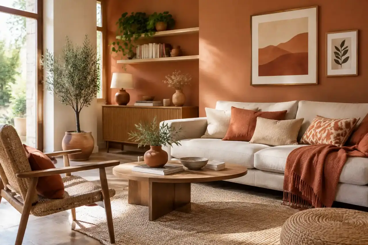 La terracotta réchauffe le salon sans l’assombrir : les bons choix de couleurs et de matières