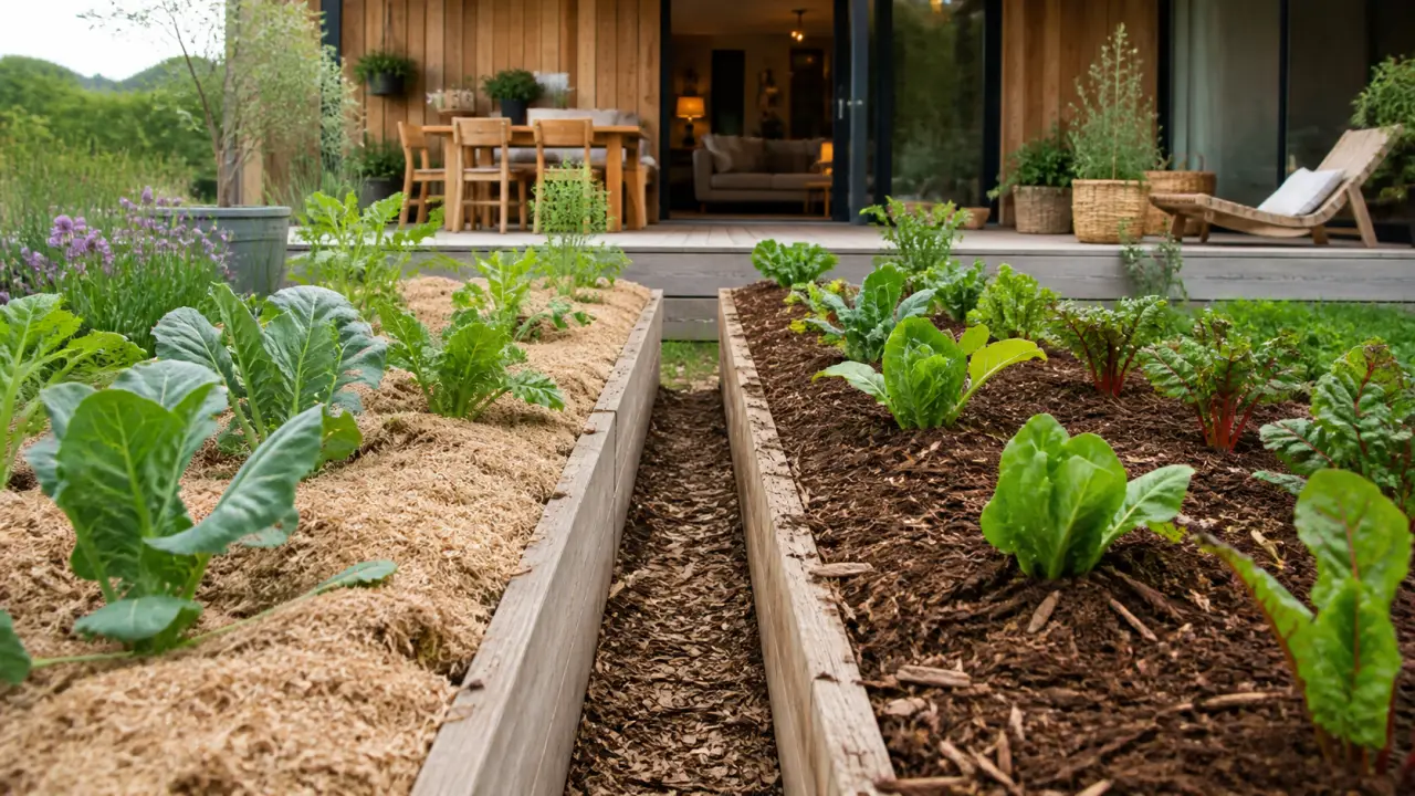 Potager paillé avec lumière naturelle douce et ambiance chaleureuse