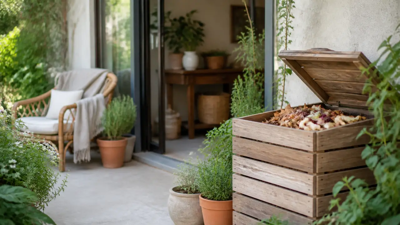 Scène lumineuse d’un compost domestique intégré à un jardin naturel