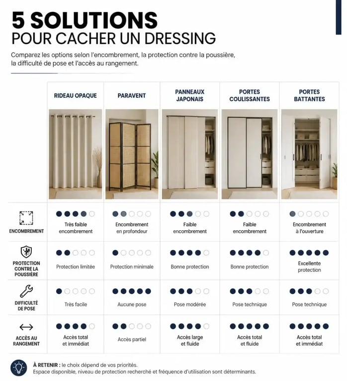 Comparatif visuel pour savoir comment cacher un dressing selon l’encombrement et la protection contre la poussière