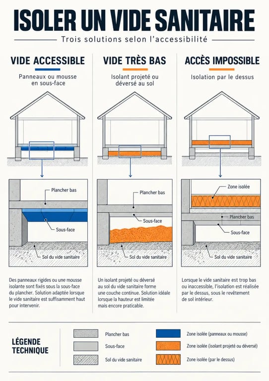Infographie des méthodes d’isolation sur vide sanitaire selon l’accessibilité