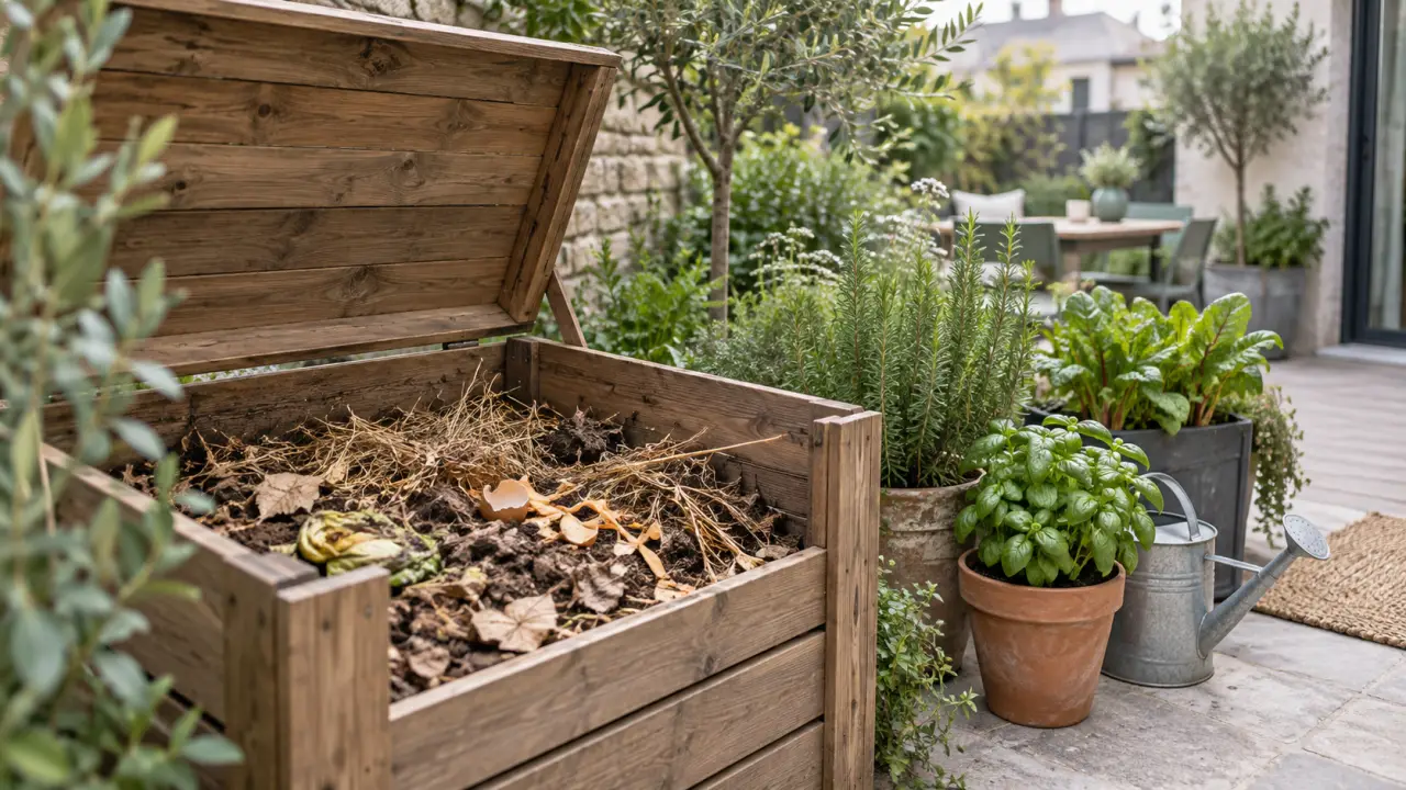 Compost domestique vivant composé de feuilles, de matières brunes et de déchets végétaux dans un jardin naturel