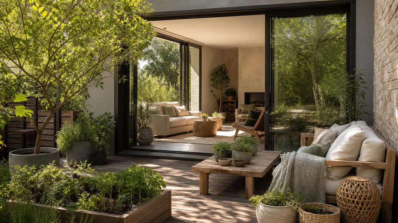 Salon ouvert sur un jardin verdoyant avec plantes, bois brut et rotin