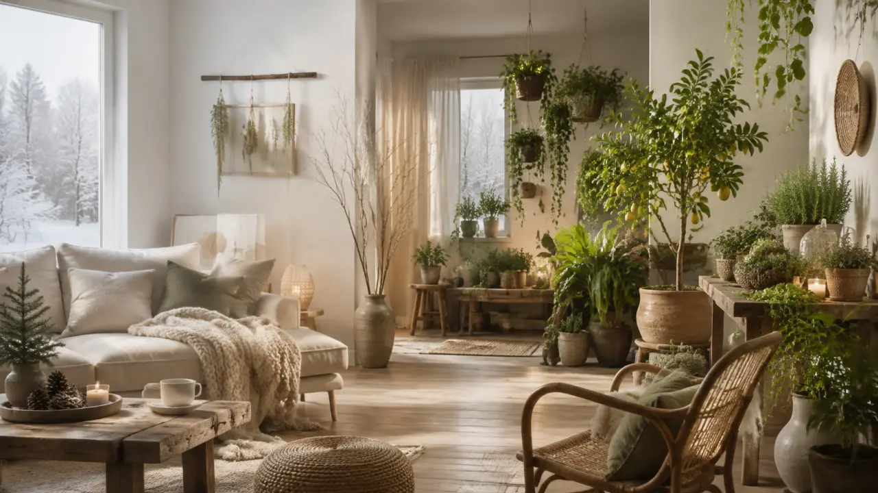 Salon d’hiver végétal lumineux ouvert sur le jardin, plantes vertes, bois brut et rotin