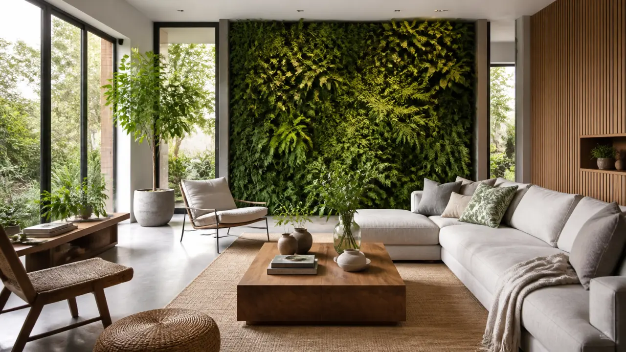Séjour lumineux ouvert sur un jardin, décoré de plantes d'intérieur et de matières naturelles