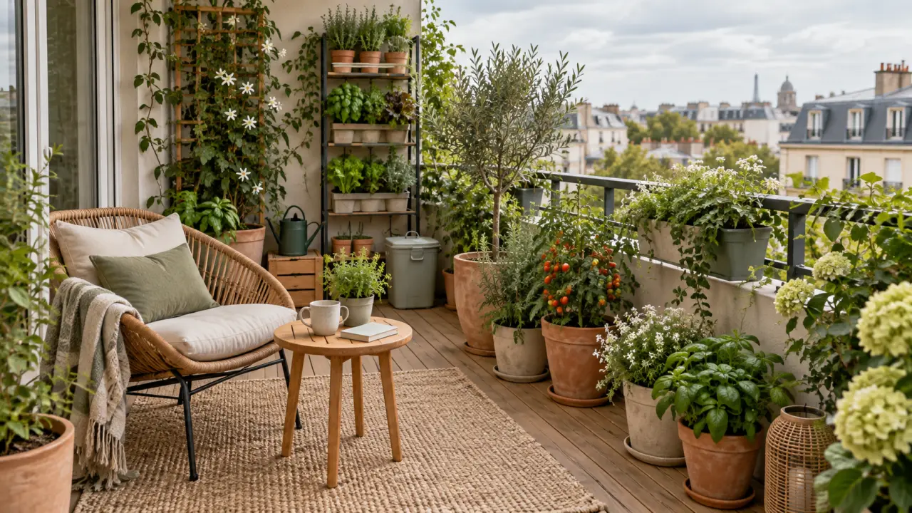 Balcon de 6 m² végétalisé avec plantes en pots, mobilier en bois et ambiance apaisante