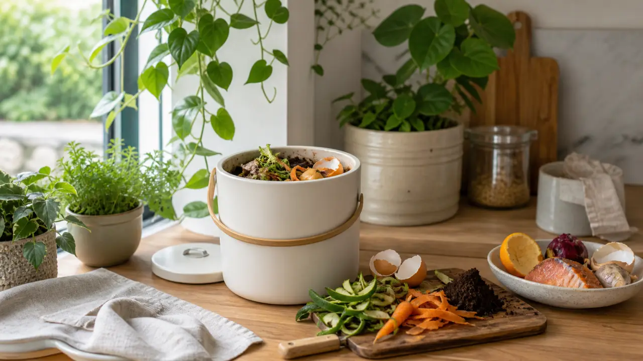 Composteur d'appartement dans une cuisine lumineuse avec plantes et matières naturelles