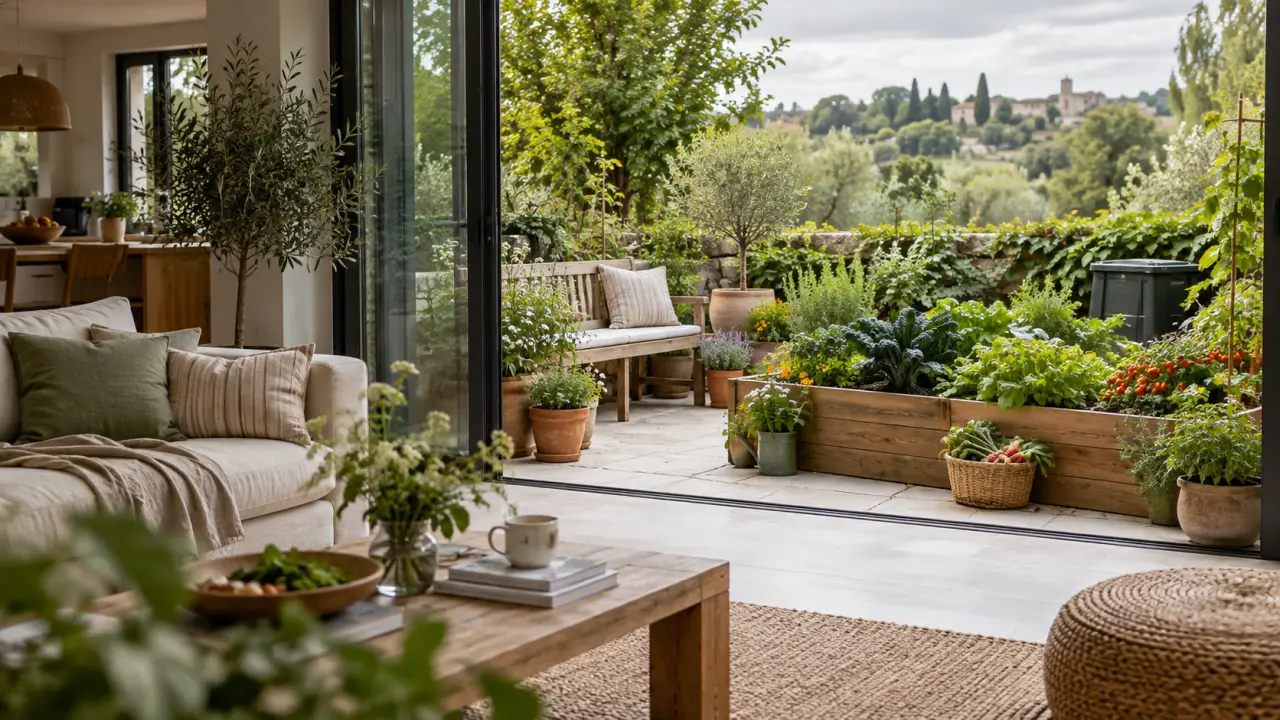 Jardin naturel avec potager, fleurs comestibles et espace refuge pour la biodiversité