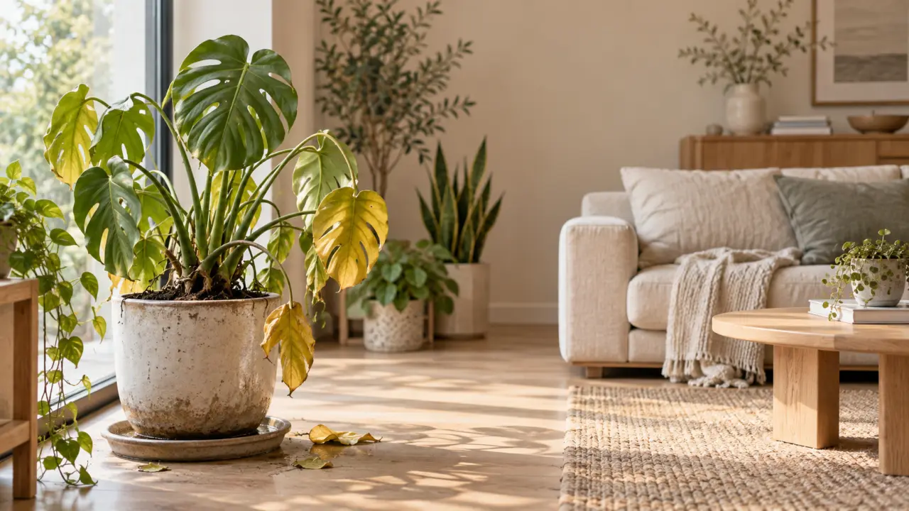 Salon lumineux avec plusieurs plantes d’intérieur dans des pots en terre cuite