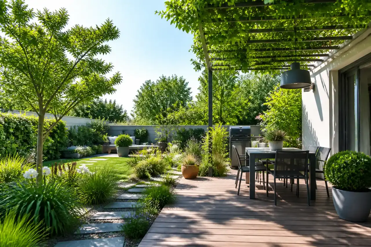 Salon lumineux et chaleureux avec plantes vertes et mobilier en bois brut