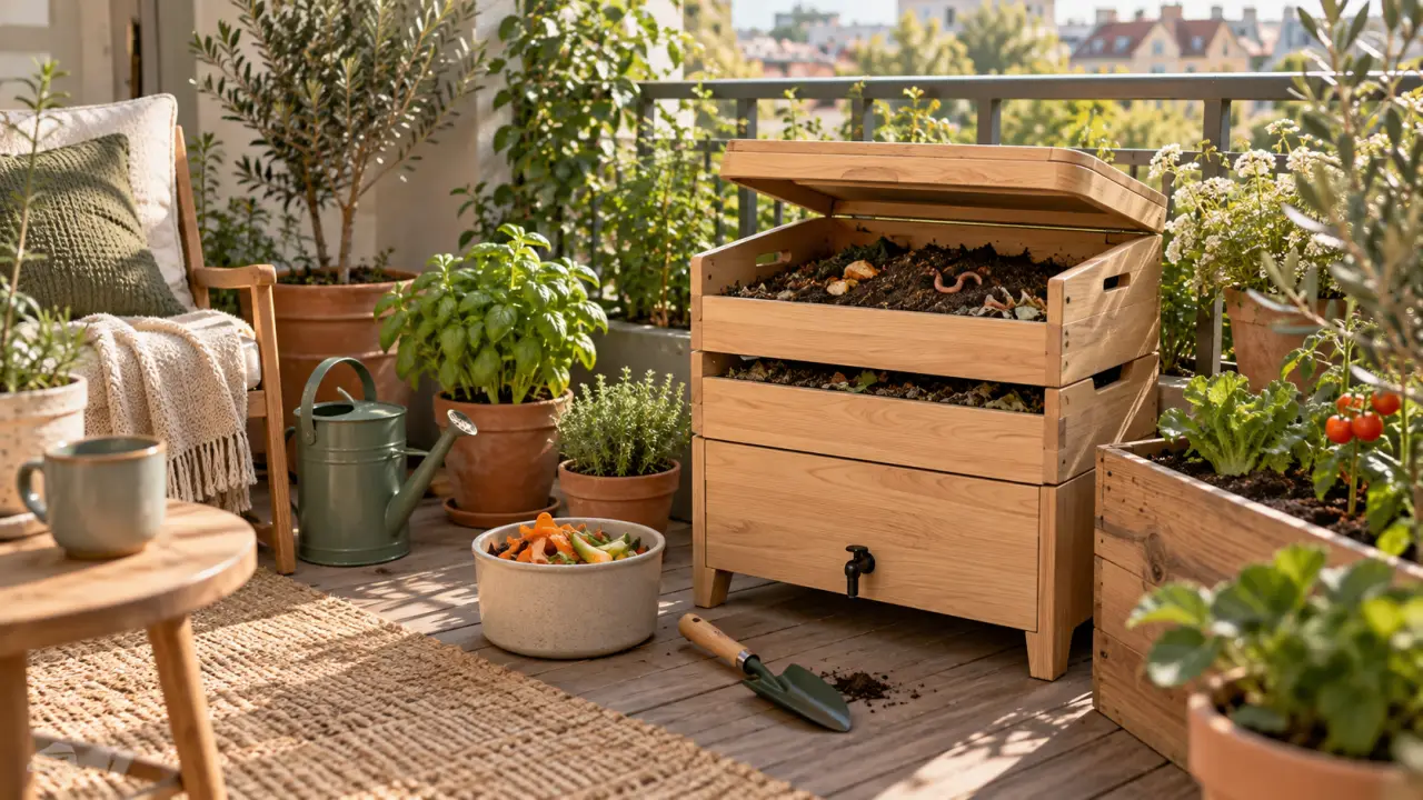 Lombricomposteur en bois installé sur un balcon végétalisé