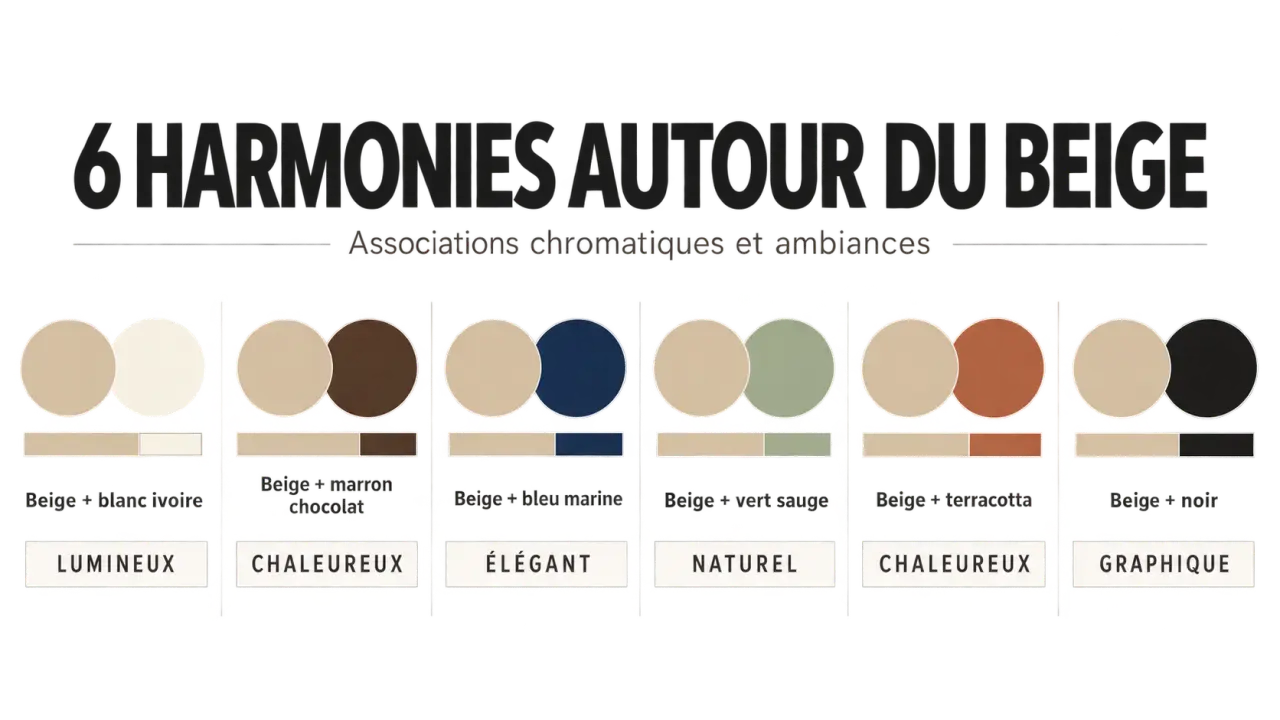 Couleur qui vas avec le beige : palettes avec blanc, marron, bleu marine, vert sauge, terracotta et noir