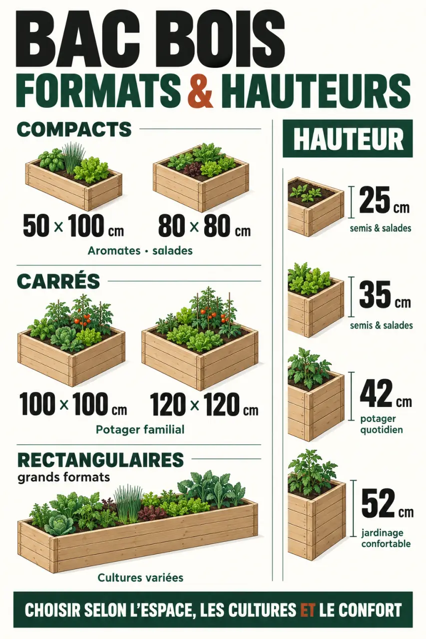 Infographie des dimensions et hauteurs d’un bac bois pour jardinage