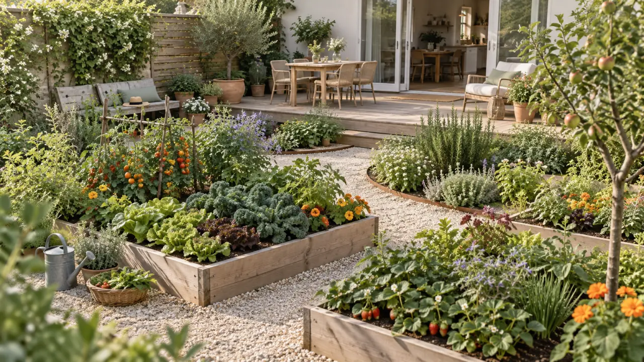 Jardin comestible installé à la place d'une pelouse, avec légumes, fleurs et chemin naturel