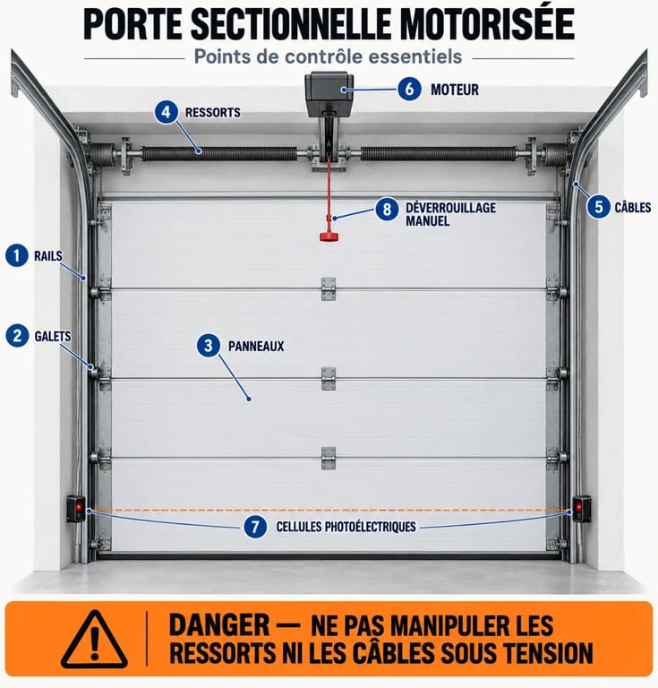 Porte de garage réparation : schéma des composants et des points de sécurité à contrôler