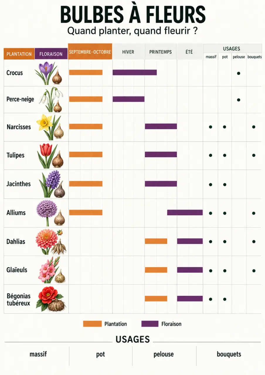 Infographie des bulbes fleurs avec périodes de plantation et de floraison selon les espèces