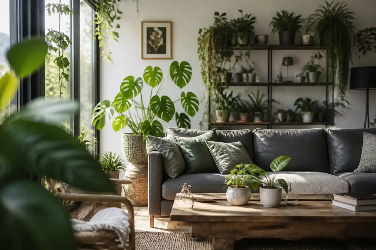 Salon lumineux ouvert sur un jardin verdoyant, plantes d'intérieur et mobilier naturel