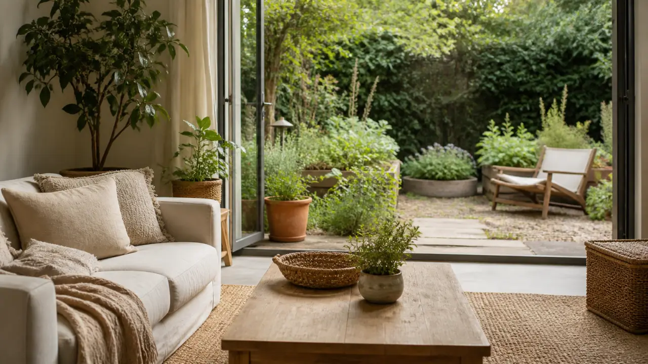 Salon ouvert sur un jardin verdoyant, lumière douce, plantes, bois brut et rotin